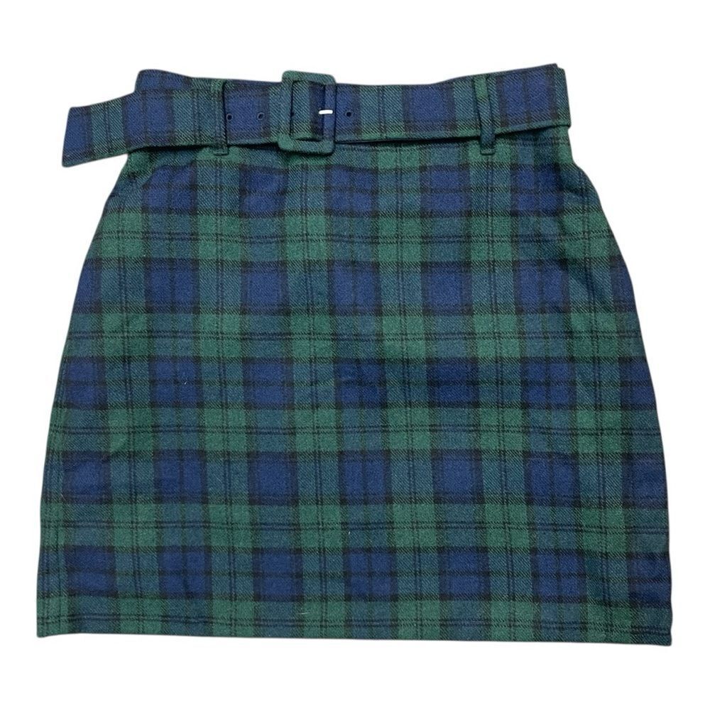 LOFT Green and Blue Plaid Belted Wool Mini Skirt Lined Size 2P Classic Preppy - Picture 1 of 7